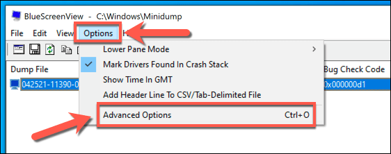 15-Bluescreenview-Advanced-Options-Mở - Bộ phận trợ giúp Geek Cách phân tích tệp kết xuất bộ nhớ (.dmp) trong Windows 10 hình 15