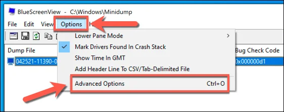15-Bluescreenview-Advanced-Options-Mở - Bộ phận trợ giúp Geek Cách phân tích tệp kết xuất bộ nhớ (.dmp) trong Windows 10 hình 15