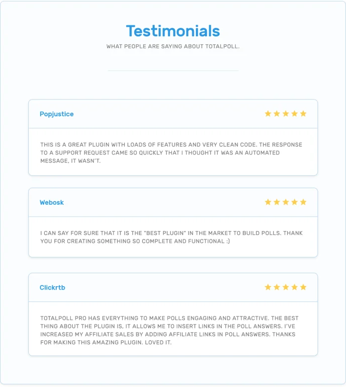 Testimonials of customers who used TotalPoll.