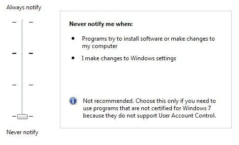 uac không bao giờ thông báo