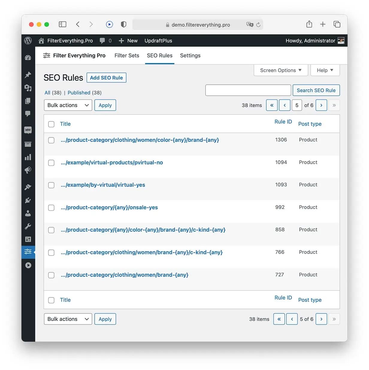 Lọc mọi thứ - WooCommerce Danh sách quản trị Quy tắc SEO Bộ lọc Sản phẩm