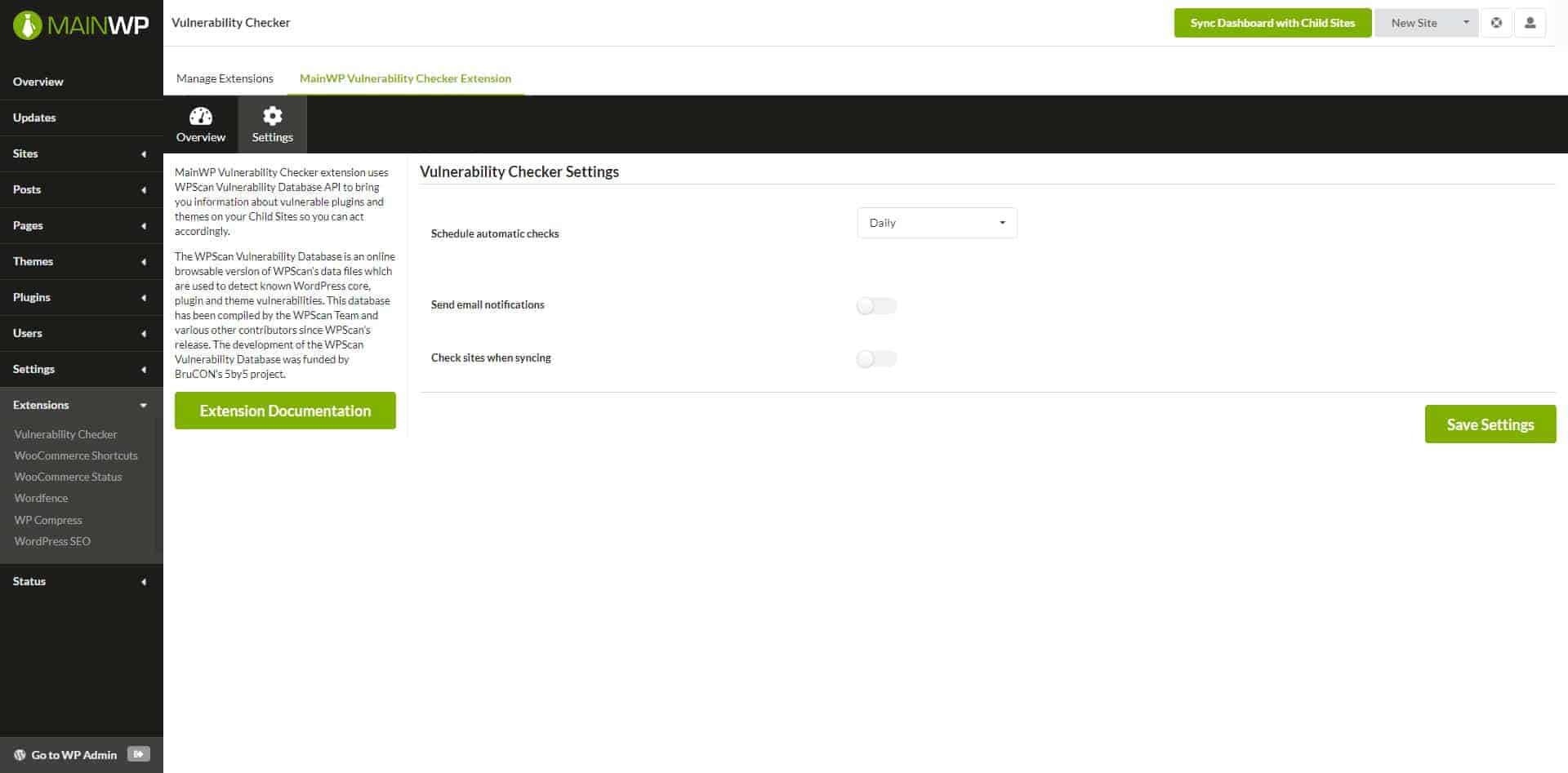 Settings MainWP Vulnerability Checker