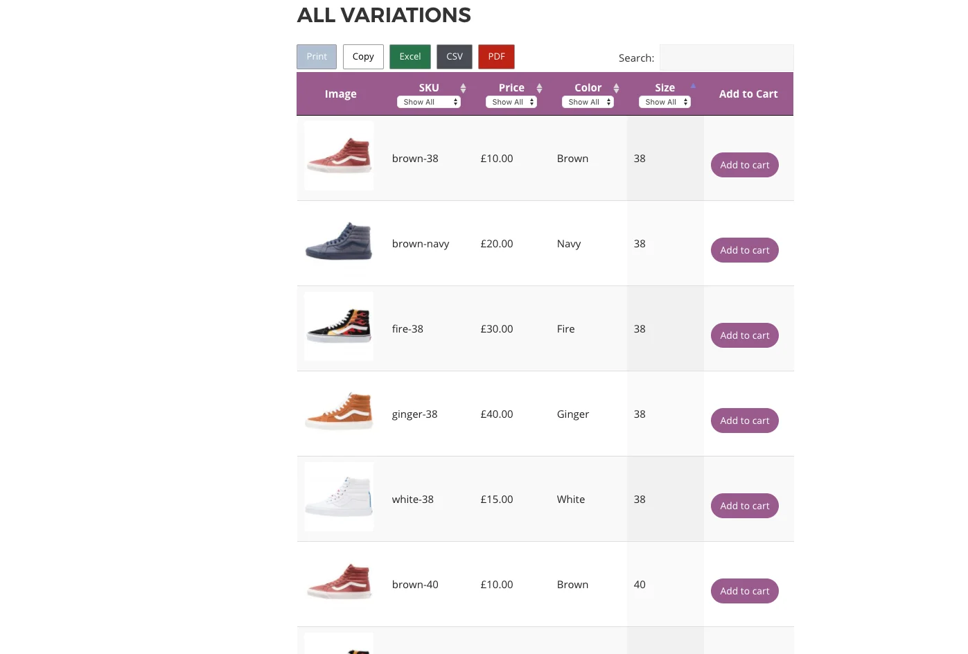 WooCommerce Variations Table 2