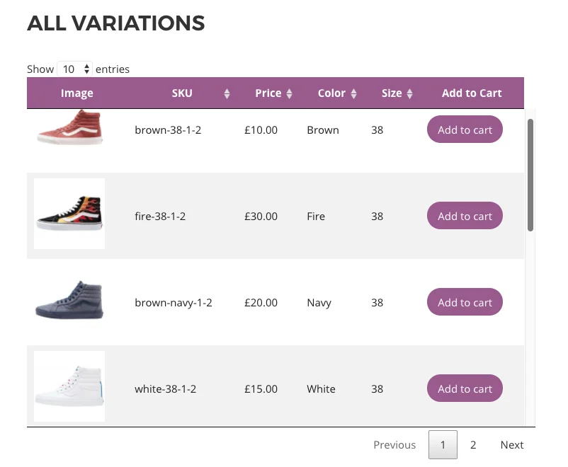 WooCommerce Variations Table 7