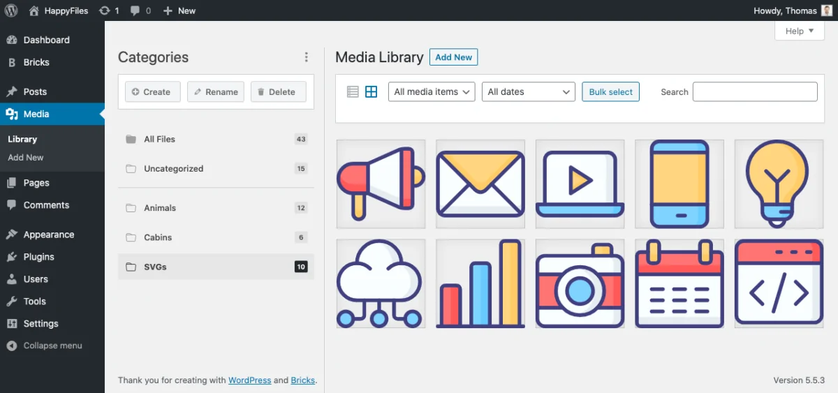Happy Files Pro v1.7 NULLED - Organize Your WordPress Media Files 3 Tải lên SVG, Vệ sinh & Xem trước