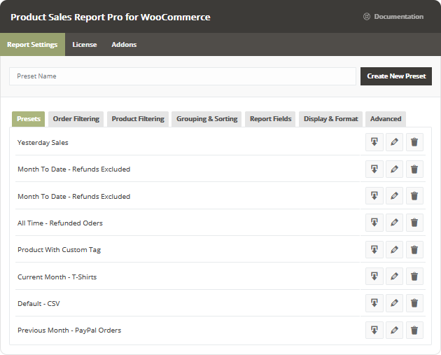 Product Sales Report Pro for WooCommerce Pro v2.2.17 NULLED 2 Tạo và chia sẻ cài đặt trước báo cáo