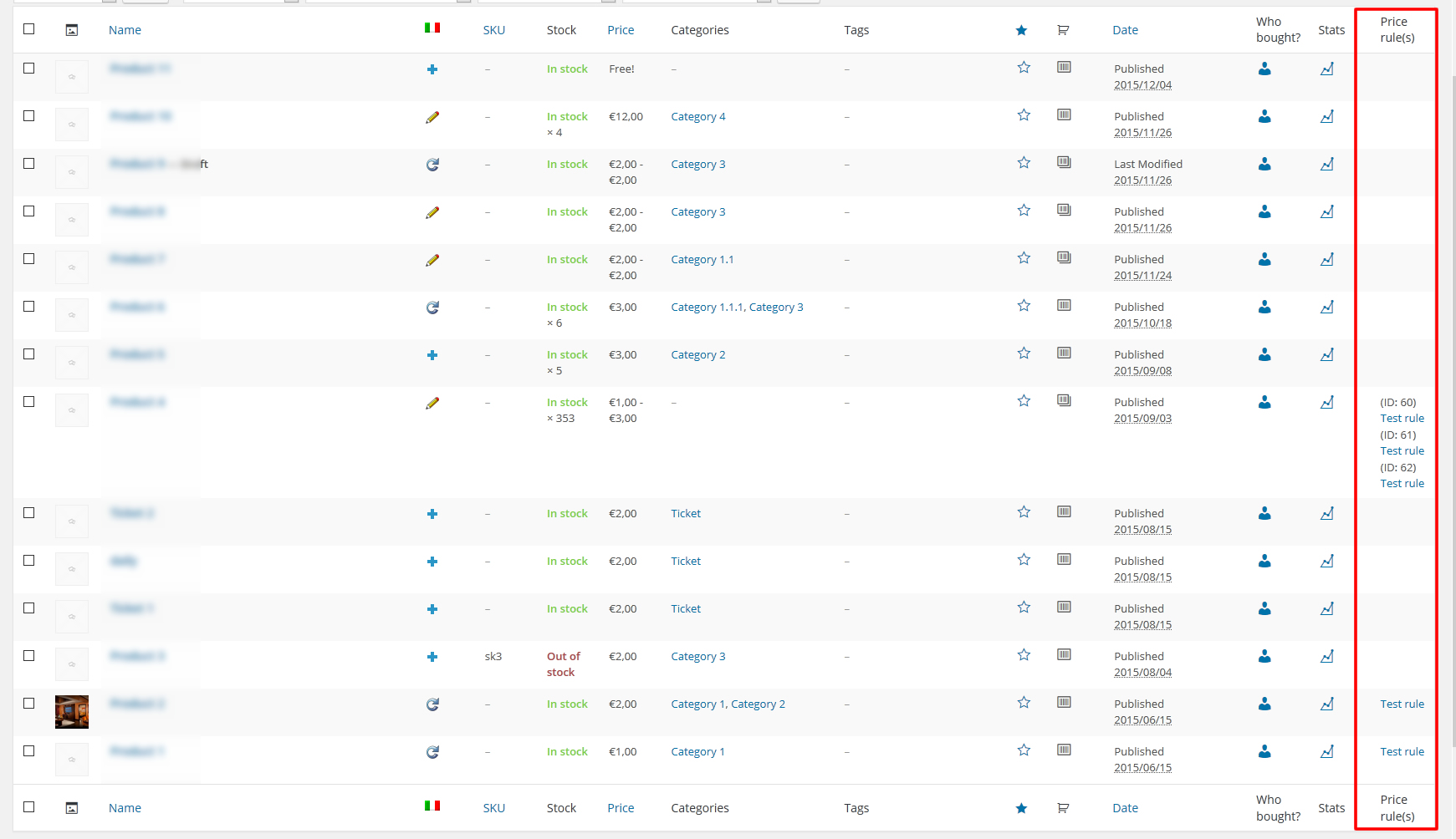 products list page
