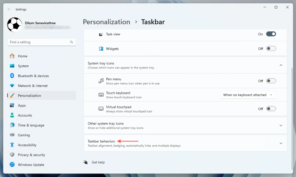 Cài đặt 2 thanh tác vụ - Help Desk Geek Tùy chọn hành vi của thanh tác vụ được tô sáng trong Windows Settings.