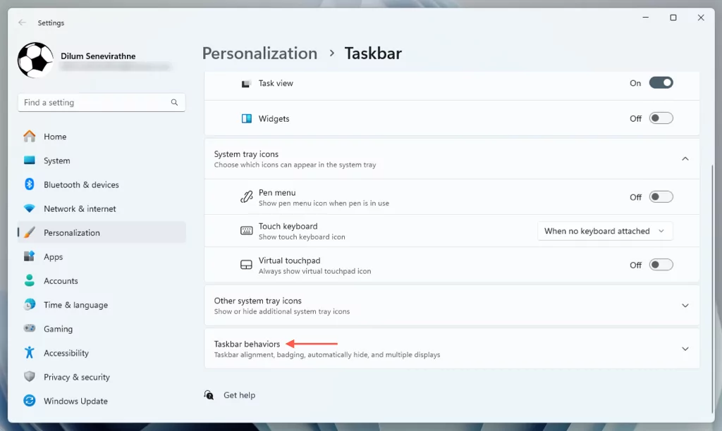 Cài đặt 2 thanh tác vụ - Help Desk Geek Tùy chọn hành vi của thanh tác vụ được tô sáng trong Windows Settings.