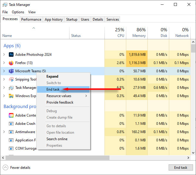 microsoft-teams-chat-messages-not-showing-try-these-4-fixes-4-nén - Help Desk Geek kết thúc nhiệm vụ cho Microsoft Teams trong trình quản lý tác vụ