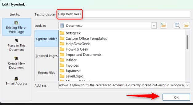 cách đổi tên-a-hyperlink-in-microsoft-word-documents-4-nén - Help Desk Geek Thay đổi văn bản trong hộp Văn bản thành Hiển thị và nhấp vào OK