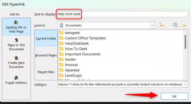 cách đổi tên-a-hyperlink-in-microsoft-word-documents-4-nén - Help Desk Geek Thay đổi văn bản trong hộp Văn bản thành Hiển thị và nhấp vào OK