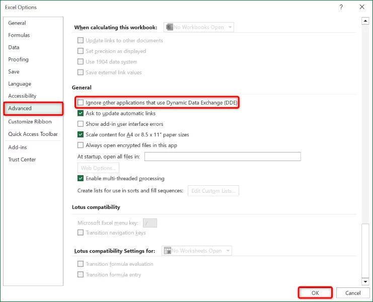 excel-file-wont-open-9-fixes-to-try-2-nén - Bộ phận trợ giúp Geek ảnh chụp màn hình cài đặt bỏ qua các ứng dụng khác sử dụng dde