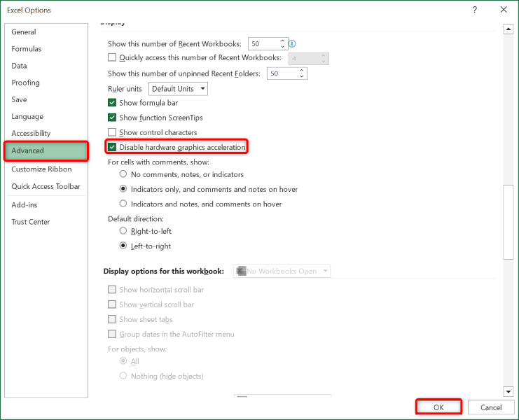 excel-file-wont-open-9-fixes-to-try-7-nén - Help Desk Geek ảnh chụp màn hình bật tắt tính năng tăng tốc đồ họa phần cứng