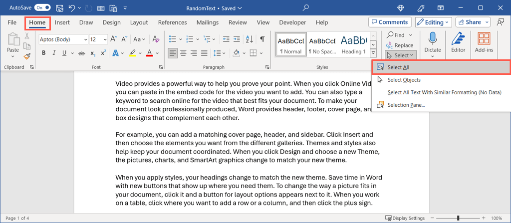 cách chọn tất cả văn bản trong microsoft-word-documents-2-nén - Help Desk Geek Chọn All trong menu Word Select trên Windows