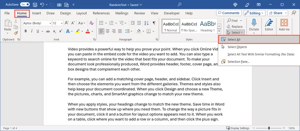 cách chọn tất cả văn bản trong microsoft-word-documents-2-nén - Help Desk Geek Chọn All trong menu Word Select trên Windows