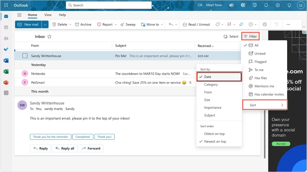 cách ghim-email-in-outlook-2-nén - Help Desk Geek Sắp xếp theo ngày trên Outlook.com
