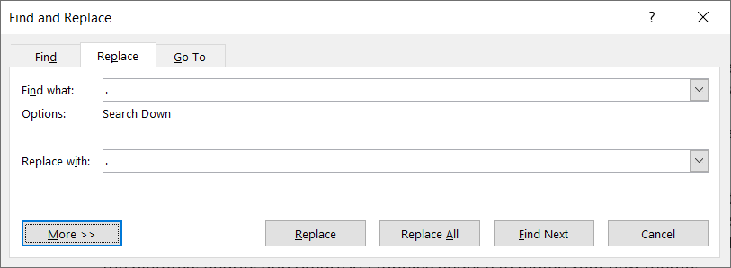 cách tạo chu kỳ-lớn hơn trong microsoft-word-10-nén - Bộ phận trợ giúp Geek nhập dấu chấm vào trường tìm và thay thế