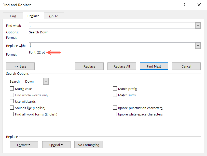 cách tạo chu kỳ-lớn hơn trong microsoft-word-13-nén - Help Desk Geek xem kích thước phông chữ đã chọn trong hộp thoại tìm và thay thế