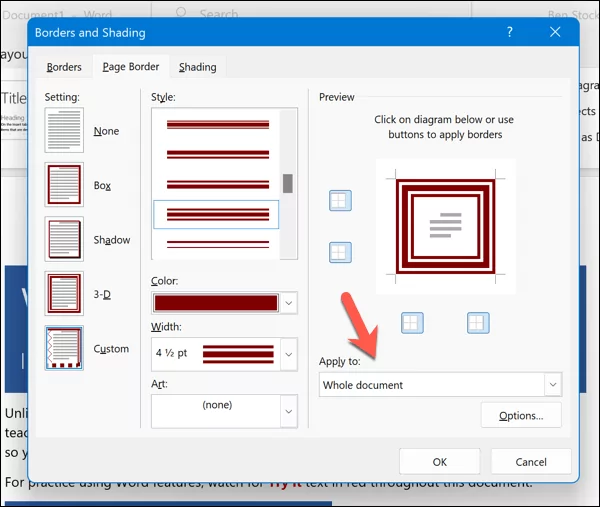cách thêm-trang trí-biên giới vào microsoft-word-documents-9-nén - Bộ phận trợ giúp Geek Cách thêm viền trang trí vào tài liệu Microsoft Word hình 9