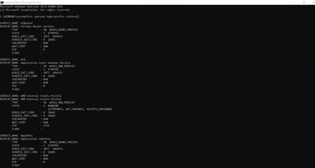 2-CMD-Tất cả các dịch vụ - Help Desk Geek Cách liệt kê tất cả các dịch vụ Windows bằng PowerShell hoặc dòng lệnh hình 3