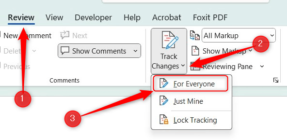 cách thực hiện redline-documents-in-microsoft-word-1-nén - Help Desk Geek Nhấp vào Xem lại, sau đó Theo dõi thay đổi và sau đó là Dành cho mọi người