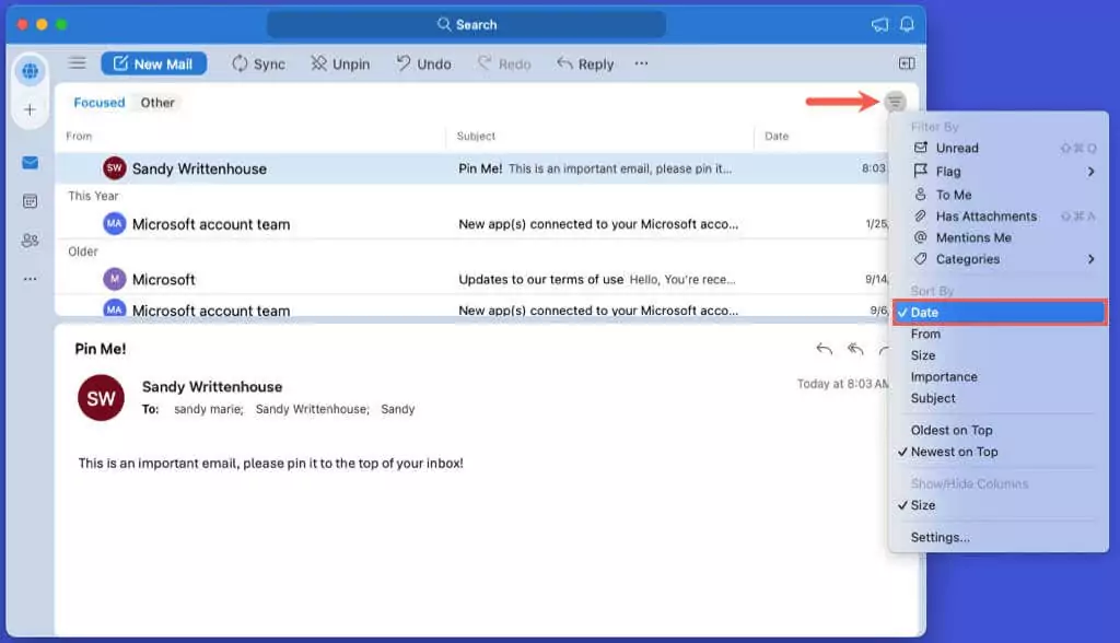 cách ghim-email-in-outlook-5-nén - Help Desk Geek Sắp xếp theo ngày trong Outlook trên máy Mac