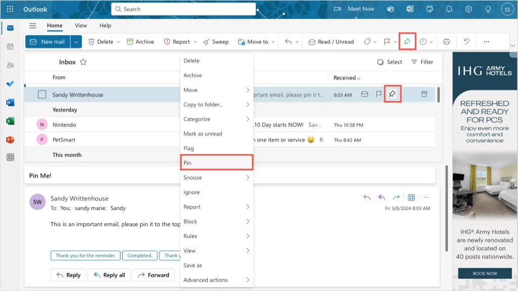 cách ghim-email-in-outlook-1-nén - Help Desk Geek Tùy chọn ghim trên Outlook.com