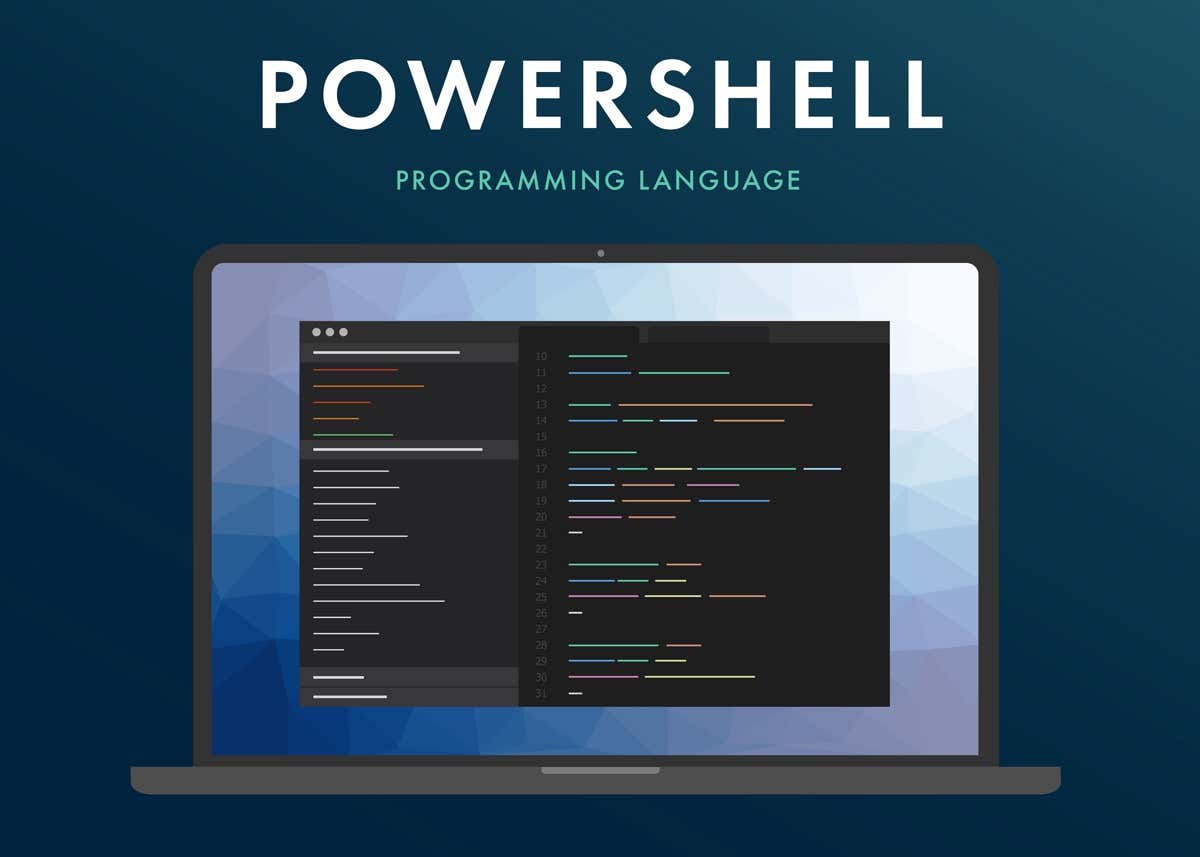 Ngôn ngữ lập trình Powershell. Khái niệm học tập về lập trình mã màn hình máy tính xách tay. Giao diện dòng lệnh với thiết kế phẳng và nền màu tím gradient. - Bàn trợ giúp Geek Cách liệt kê tất cả các dịch vụ của Windows bằng PowerShell hoặc dòng lệnh hình 1