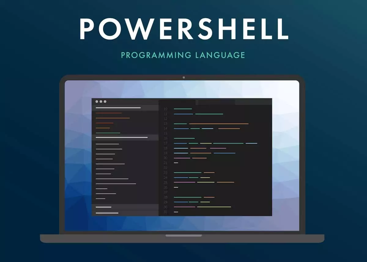Ngôn ngữ lập trình Powershell. Khái niệm học tập về lập trình mã màn hình máy tính xách tay. Giao diện dòng lệnh với thiết kế phẳng và nền màu tím gradient. - Bàn trợ giúp Geek Cách liệt kê tất cả các dịch vụ của Windows bằng PowerShell hoặc dòng lệnh hình 1