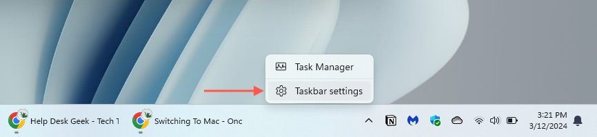 1-thanh tác vụ theo ngữ cảnh - Help Desk Geek Tùy chọn cài đặt Thanh tác vụ được tô sáng trong menu ngữ cảnh của thanh tác vụ.