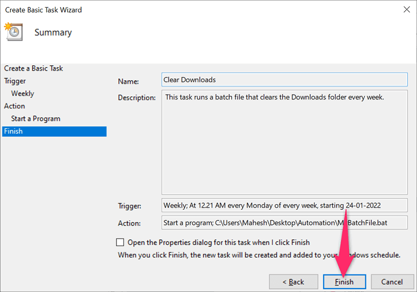 9-hoàn thành nhiệm vụ - Help Desk Geek Cách lên lịch chạy một tập tin hàng loạt trong Windows 11/10 bằng cách sử dụng Trình lập lịch tác vụ hình 9