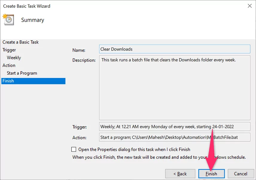 9-hoàn thành nhiệm vụ - Help Desk Geek Cách lên lịch chạy một tập tin hàng loạt trong Windows 11/10 bằng cách sử dụng Trình lập lịch tác vụ hình 9