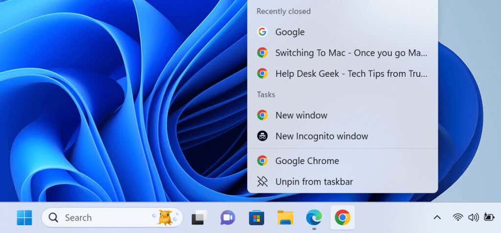 cách kiểm soát những gì xuất hiện khi nhảy-danh sách-trong-windows-11-1 được nén - Help Desk Geek Danh sách nhảy thanh tác vụ của Google Chrome hiển thị trên Windows 11.