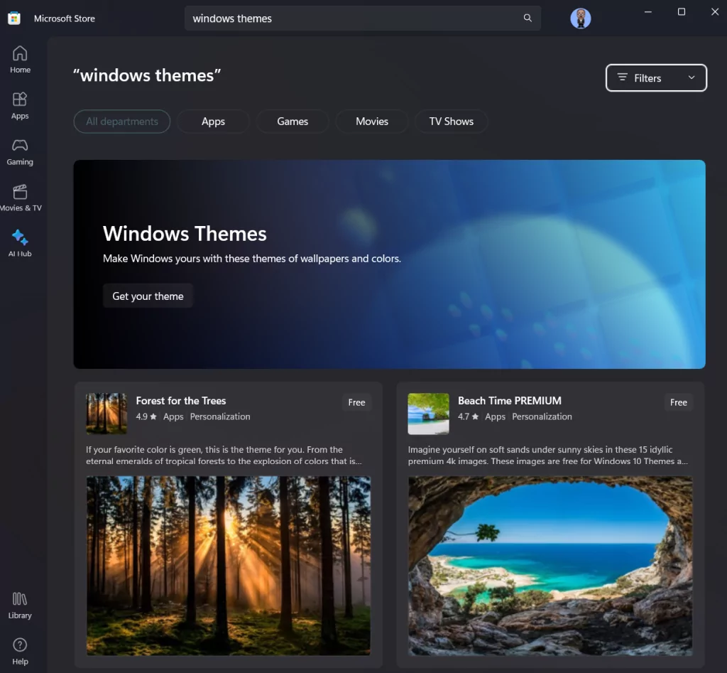 2023-11-01-1 - Người đam mê bộ phận trợ giúp chọn chủ đề windows trên Microsoft Store
