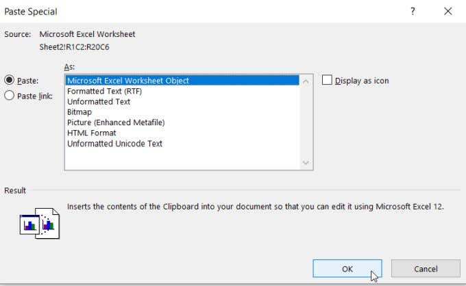 dán-excel-object - Bộ phận trợ giúp Geek Cách chèn bảng tính Excel vào ảnh Word Doc 7