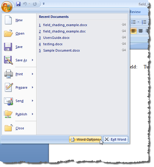 Bấm vào Tùy chọn Word trong Word 2007 Bấm vào Tùy chọn Word trong Word 2007