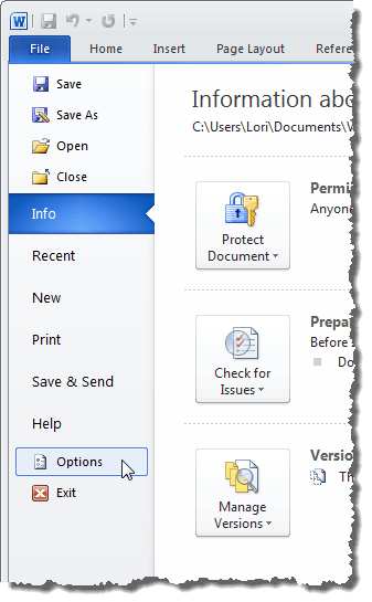 Bấm Tùy chọn trên tab Tệp trong Word 2010 Bấm Tùy chọn trên tab Tệp trong Word 2010