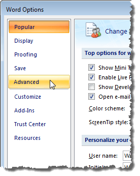 Bấm vào Nâng cao trên hộp thoại Tùy chọn Word trong Word 2007 Bấm vào Nâng cao trên hộp thoại Tùy chọn Word trong Word 2007