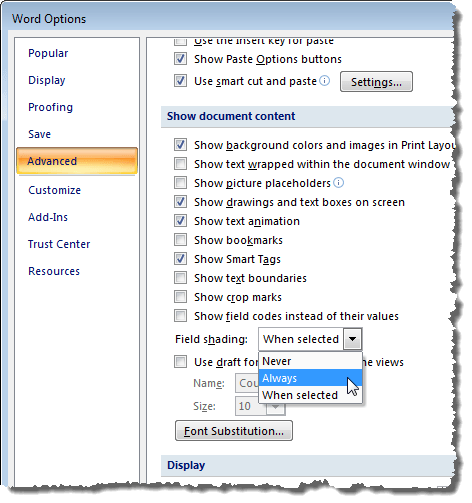 Chọn Luôn hiển thị bóng trường trong Word 2007 Chọn Luôn hiển thị bóng trường trong Word 2007