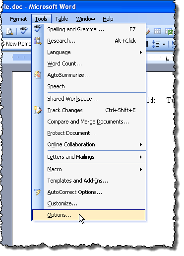 Chọn Tùy chọn từ menu Công cụ trong Word 2003 Chọn Tùy chọn từ menu Công cụ trong Word 2003