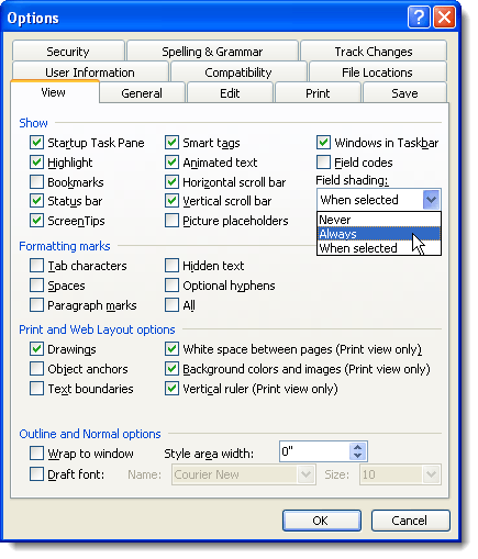Chọn Luôn hiển thị bóng trường trong Word 2003 Chọn Luôn hiển thị bóng trường trong Word 2003