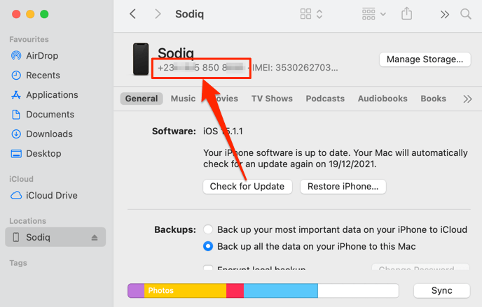 10-find-iphone-phone-number-mac-finder-01 - Online Tech Tips Ảnh chụp màn hình số điện thoại di động hiển thị trong ứng dụng Finder
