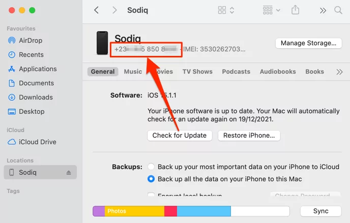 10-find-iphone-phone-number-mac-finder-01 - Online Tech Tips Ảnh chụp màn hình số điện thoại di động hiển thị trong ứng dụng Finder