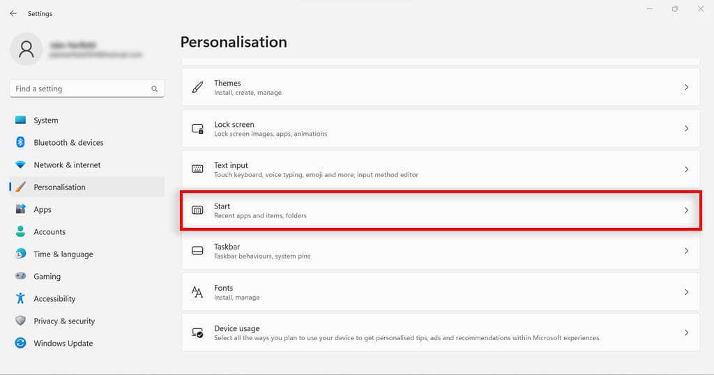 hdg-how-to-remove-start-menu-recommendations-in-windows-11-3-nén - Help Desk Geek Tùy chọn Bắt đầu được tô sáng trong Windows Settings ứng dụng.