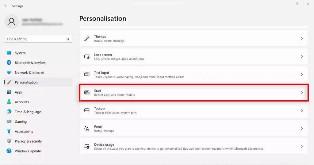 hdg-how-to-remove-start-menu-recommendations-in-windows-11-3-nén - Help Desk Geek Tùy chọn Bắt đầu được tô sáng trong Windows Settings ứng dụng.
