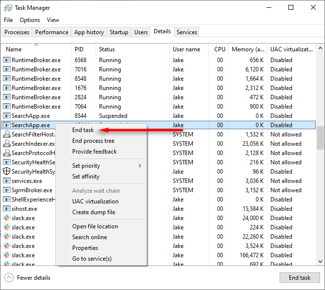 windows-search-bar-keeps-đóng-8-fixes-to-try-6-nén - Bộ phận trợ giúp Geek Bấm chuột phải vào SearchApp.exe và nhấn Kết thúc tác vụ