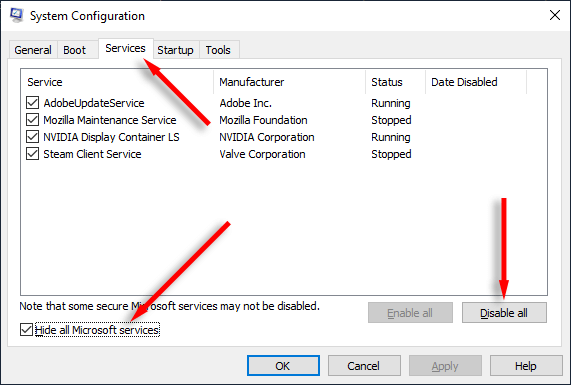 windows-search-bar-keeps-đóng-8-fixes-to-try-19-nén - Help Desk Geek Chọn Dịch vụ, đánh dấu vào ô bên cạnh "Ẩn tất cả các dịch vụ của Microsoft," và chọn Tắt tất cả