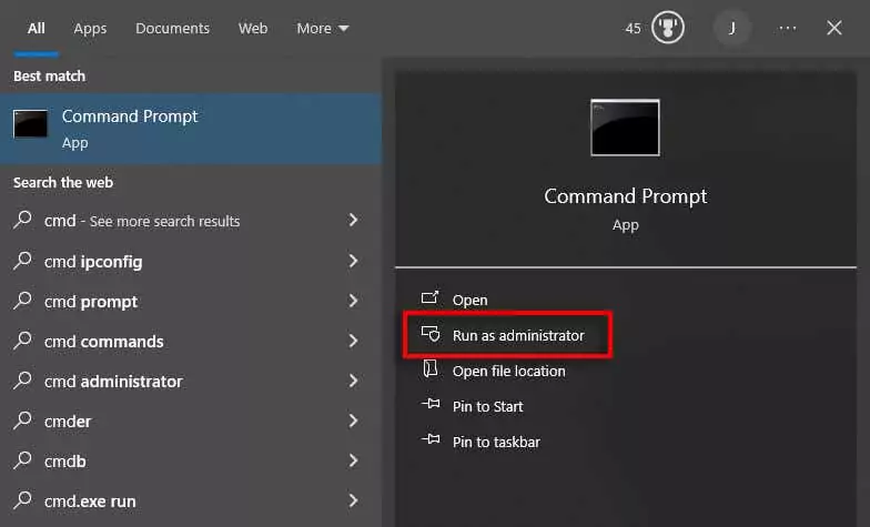 windows-search-bar-keeps-đóng-8-fixes-to-try-23-nén - Bộ phận trợ giúp Geek Kiểu "CMD," sau đó nhấn Chạy với tư cách quản trị viên