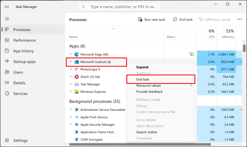 buộc-đóng-microsoft-outlook-windows-task-manager - Bộ phận trợ giúp Geek Các bước để buộc đóng Microsoft Outlook trong Windows Task Manager